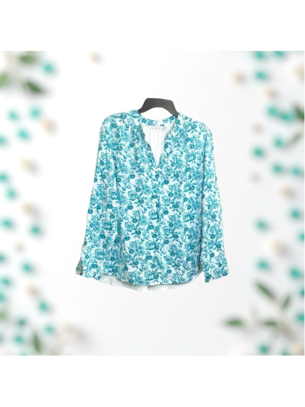 Notations White w Aqua Blue Flowers & White Back Adj Sleeves Blouse Women XL